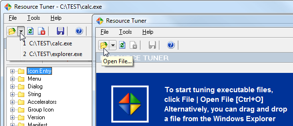 Открытие файла в Resource Tuner